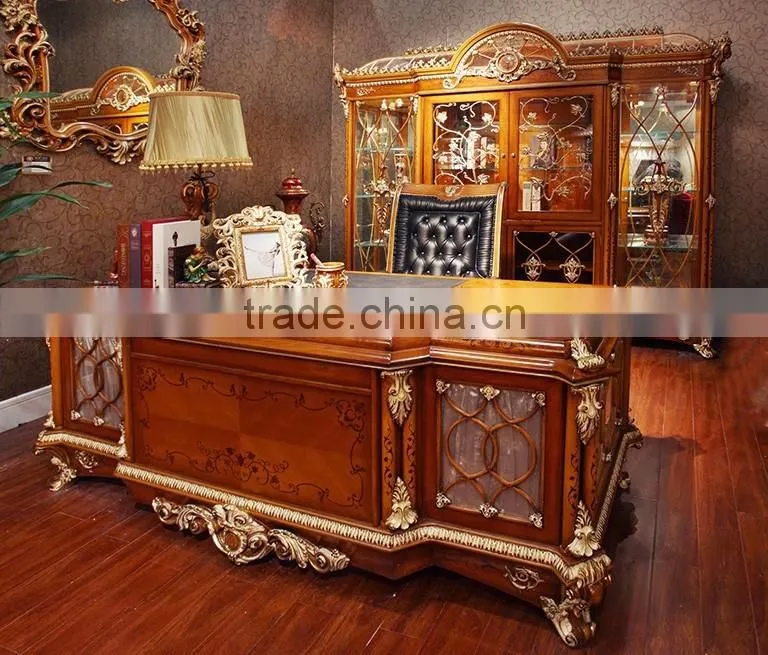 Classical Luxury Italian Design Solid Wood Office Table with Artistic Marquetry Decor for CEO Manager Room BF12-04244c