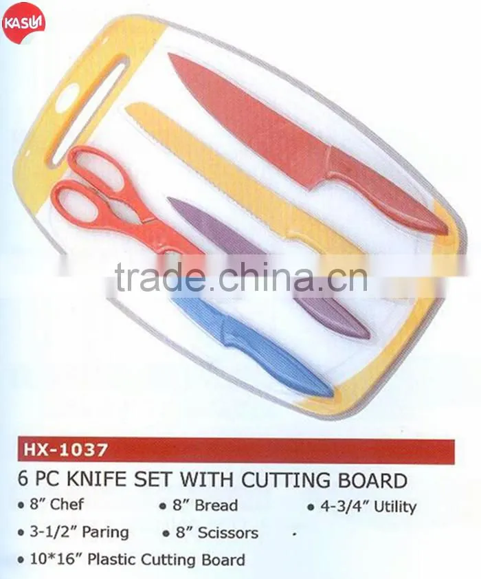 HX-1038 new products kitchen accessories plastic chopping board with 6pcs kitchen knife
