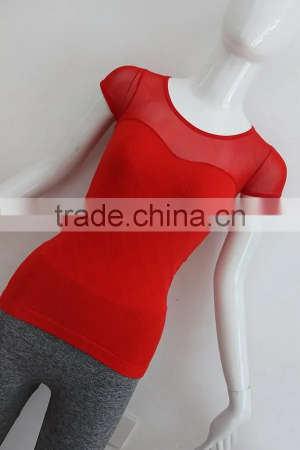 Ladies red short sleeve T-shirt with mesh in shoulder part
