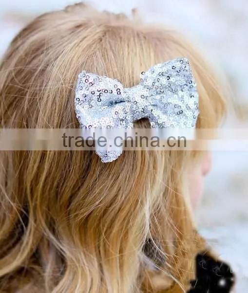 sequin material bow design girls hair clips, sequin hair clips