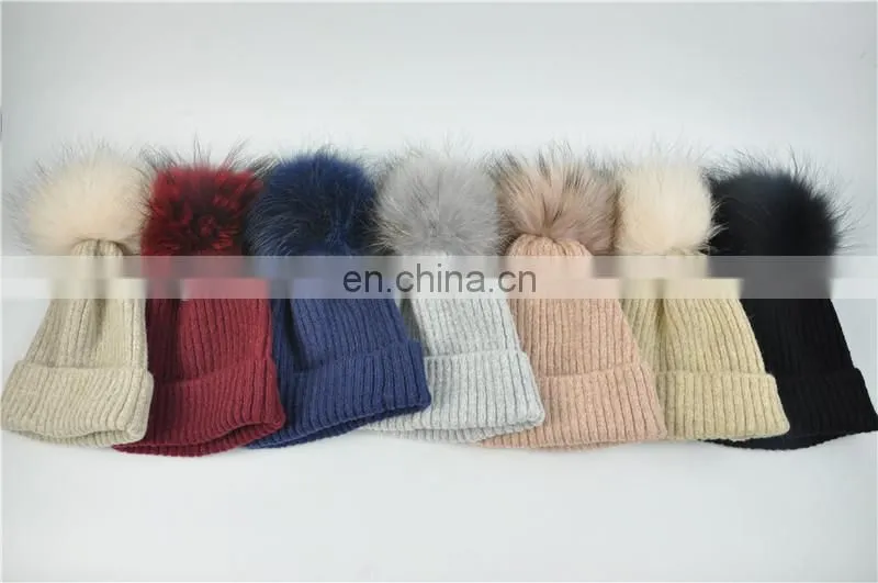 Kids Funny Hat With Big Genuine Raccoon Fur Ball Winter Knit Hat Baby Crochet