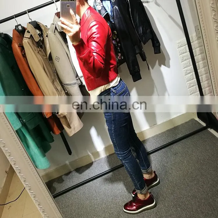 2017 Slim Red Leather Jacket Design Motorcycle Leather Ladies Short Jacket