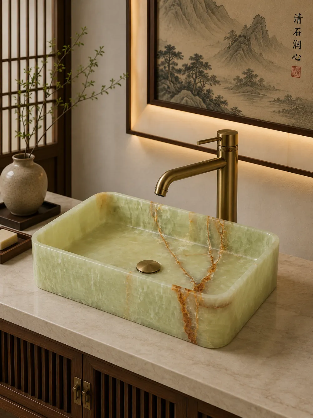 Luxury White Green Yellow Onyx Square Vessel Sink–Elevate Your Bathroom with Natural Stone Artistry