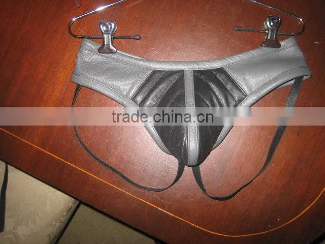 Black leather jock strap with purple strips