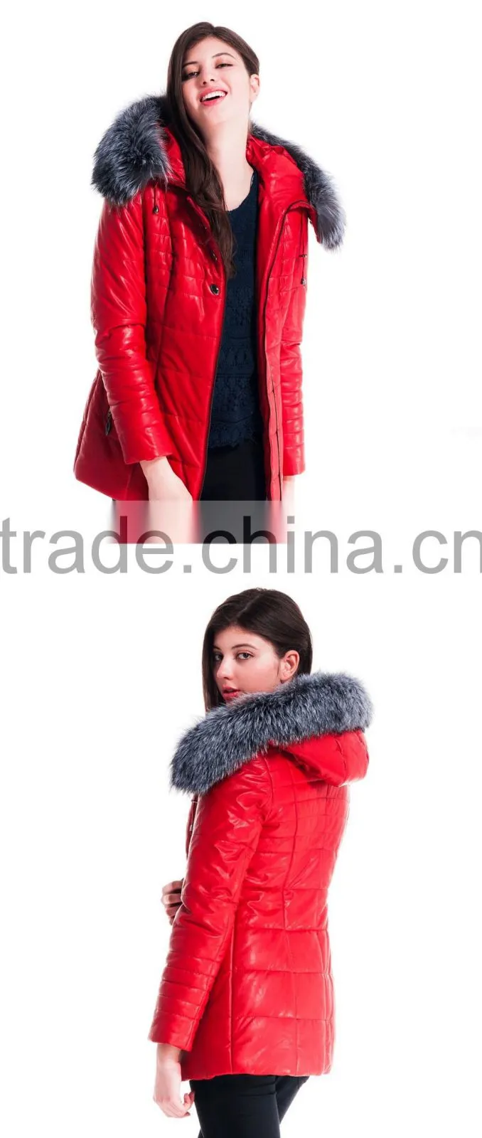 New Design Winter Women Short Coachman Leather Jacket With Brown Fox Hat Overcoat