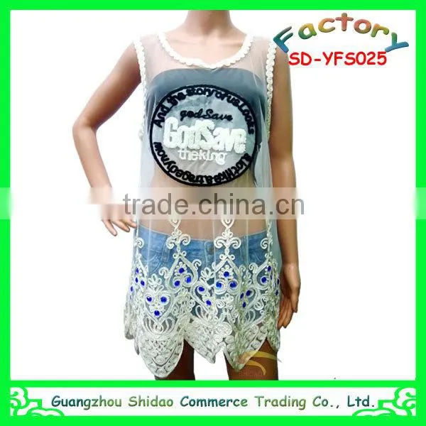 Latest design fashion sleeveless mesh neck lace elegant white embroidery blouse