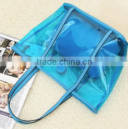 Transparent style 2 in One Women Leather Bags Handbag Clutch Tote Shoulder Bag . PVC beach bags orange