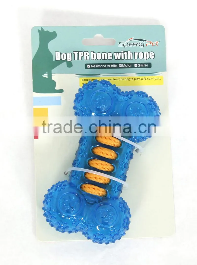 New design TPR bone toy with rope blue dog toy