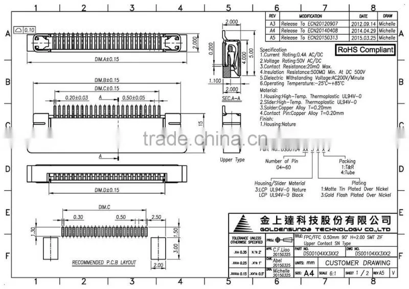 0.5 mm pitch FPC FFC Connector, Side Entry H=2.00 SMT ZIF Upper Contact SN Type
