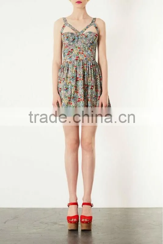 Newest fashion floral print with bust cup & cutout lady's summer prom dress