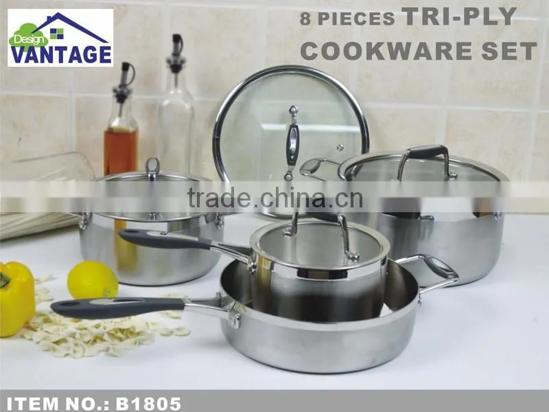 kitchen cabinet item Tri-ply stainless steel kitchen queen cookware set with silicon handle and glass lid