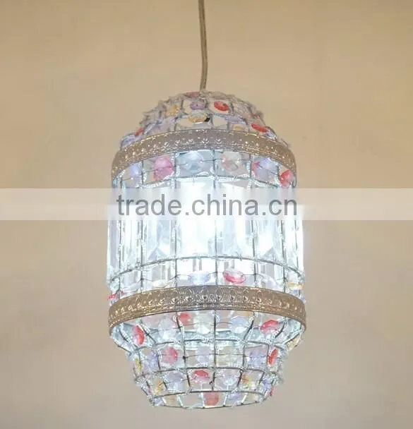 Red & Clear Crystal Beads Pendant Lamp Vintage Bronze Metal Hanging Lights