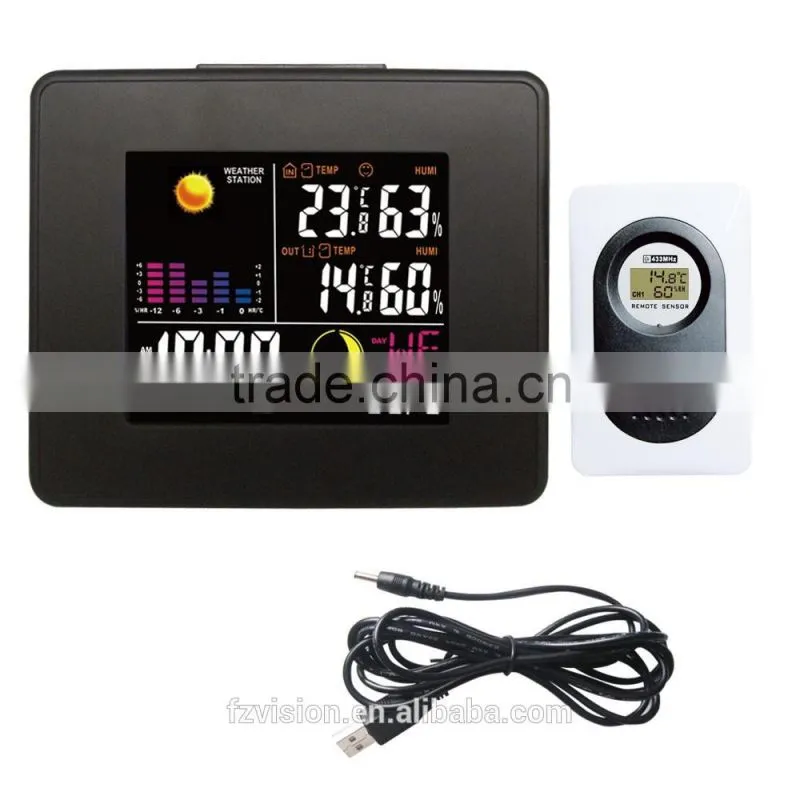 Durable RF Wireless LED Weather Station Clock Black with Backlight In/Outdoor Temperature Humidity with 3 transmitters