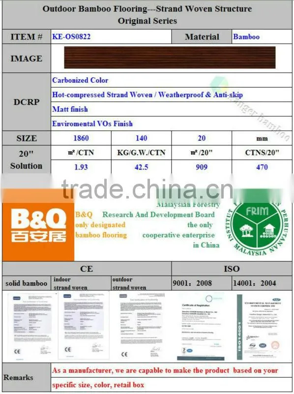 Anti corrosion durable density outdoor use bamboo decking