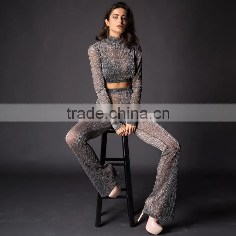Runwaylover 084 Europe Style Ladies Two Piece Suits , Women Sexy Turtleneck Crop top And Transparent Casual Pants