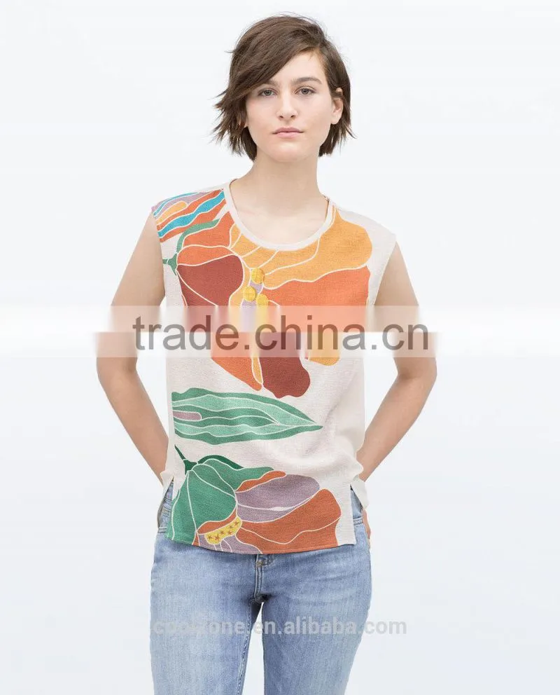 2015 new fashion sleeveless round neck print chiffon lady top designer