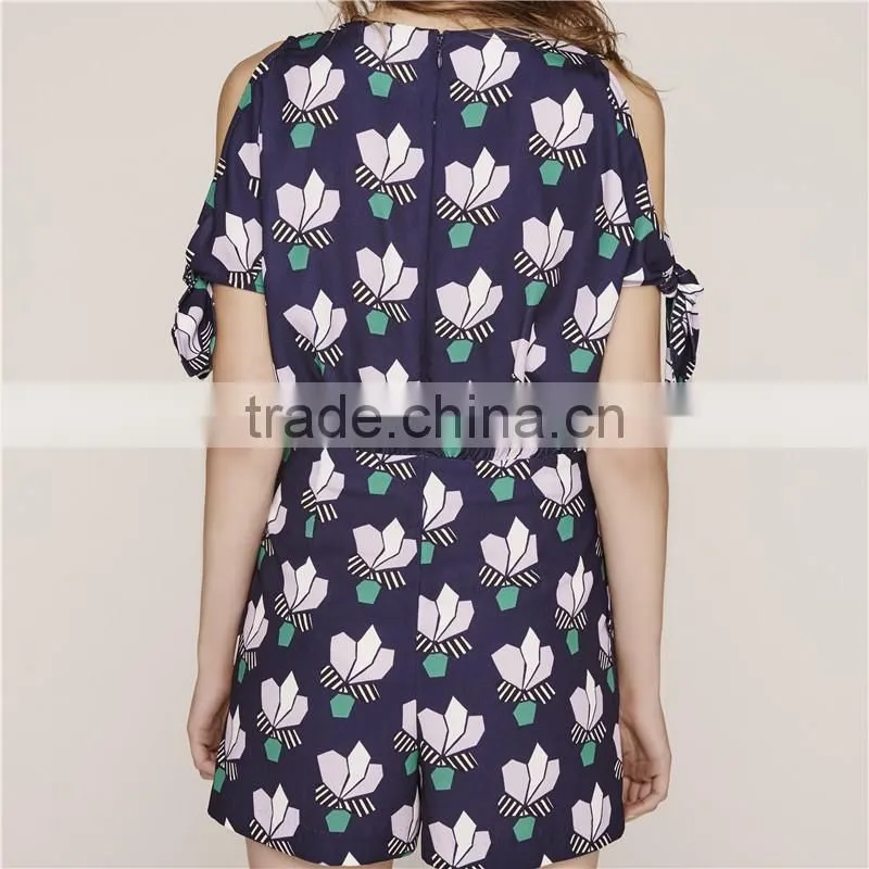 Classy cold shoulder floral printecd short rompers with adjustable sleeves