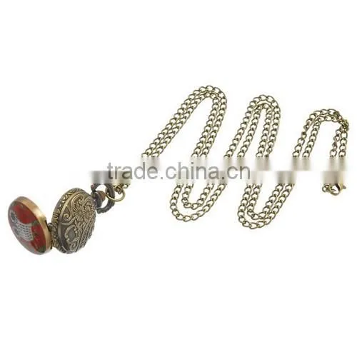 Round Antique Bronze Owl Pattern Halloween Enamel Red Battery Included Pocket Watches 85cm