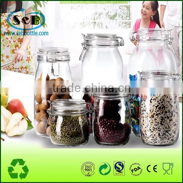 2016 New glass jar with metal clip Hot selling glass jar with metal clip lid High borosilicate glass jar with metal clip