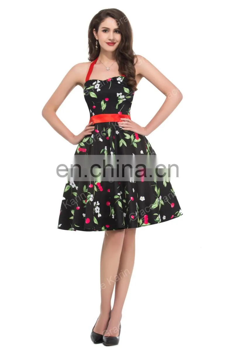 Grace Karin Ladies Halter Plus Size Sleeveless Cherry Printed Vintage Pin Up Vintage Retro Dress CL4595-1#