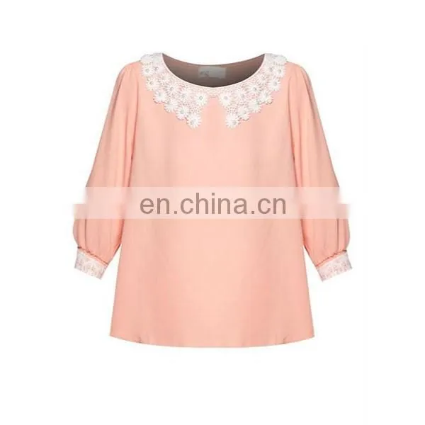 Custom Chiffon Blouse With Lace Flat Collar Half Sleeves Women Shirts and Tops