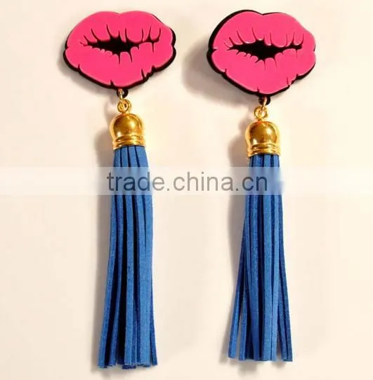 Blue Hot pink PU Leather Tassel Lips Dangle Earrings 2016 New Arrival Brincos Longos For Women