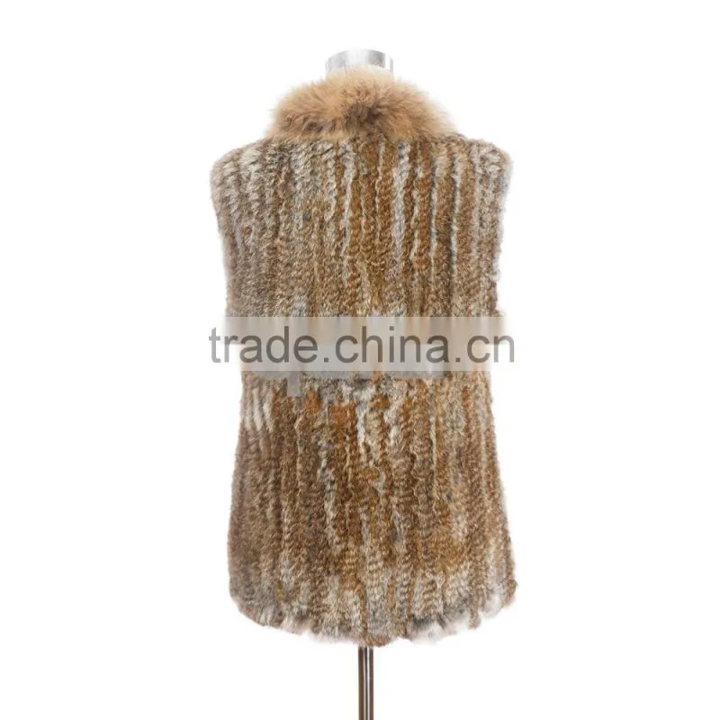 QD30434 Cheap China Bulk Wholesale Clothing Knitted Rabbit Fur Vest With Raccoon Fur Collar Clothes Women