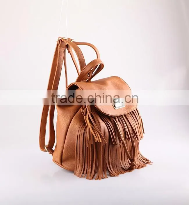 4762 Bohemia Style Tassels Featured Brown PU Material High Quality Women Backpack
