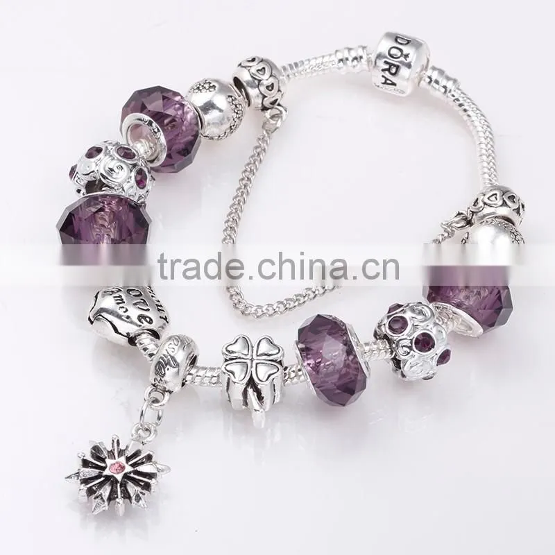 2016 Glass Bead Bracelets with Purple Glass Beads and Snowflake dangles