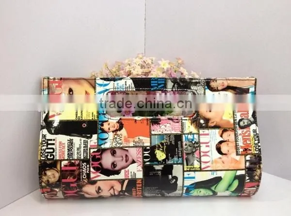 Italy design magazine print bag metal chain evening hand bag