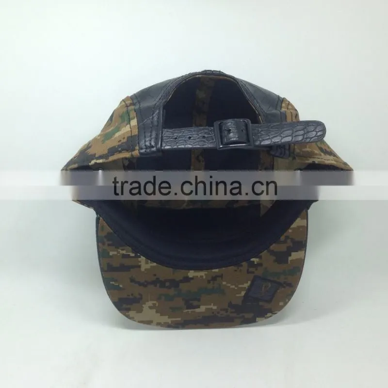 High quality flat brim black leather 5 panel hat with label
