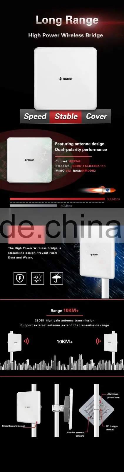 2016 Long Range High Power Outdoor CPE Wireless Access Point 300Mbps 5.8G OEM Industrial