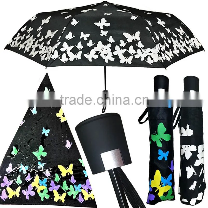2017 New Beautiful Colorful Butterfly Printing Automatic 3 Fold Colour Changing Portable Umbrella