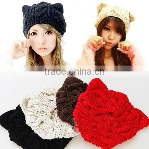 1x Braided Women Winter Warm Beanie Devil Horns Cat Ear Crochet Knit Ski Cap Hat