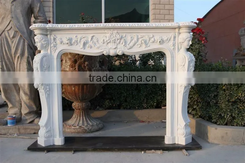 Carved by hands white marble fireplace
