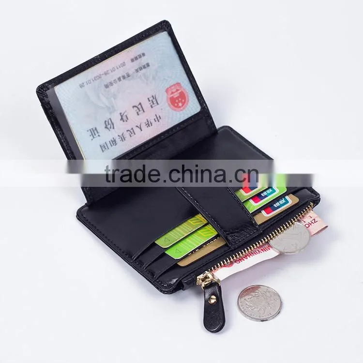 Hot Sale Bifold Style Genuine Leather RFID Blocking ID Card Holder Multi Credit Card Pocket Cash Purse with Buckle Zipper