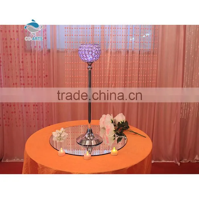 Hot sale table decoration shining round tall purple candelabra crystal