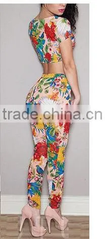 new women summer custom artistic floral print Romper and jumpsuit Women's two piece crop top and pants set