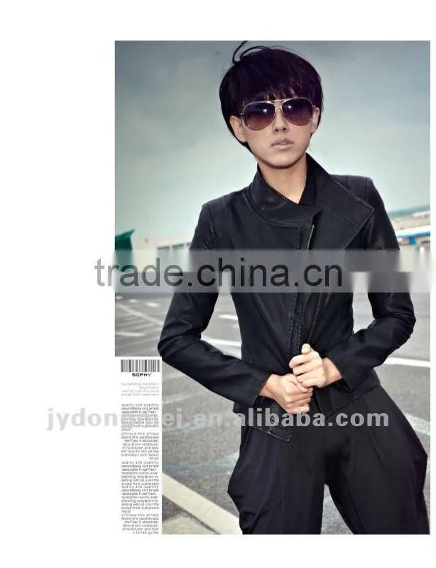 Inclined zipper PU casual jacket black and yellow