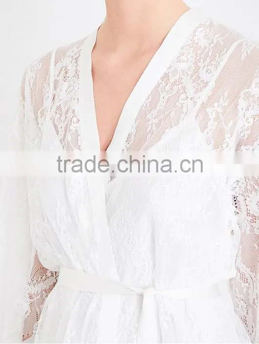 2017 new arrival ladies luxury silk satin robe, sheer floral-lace kimono robe