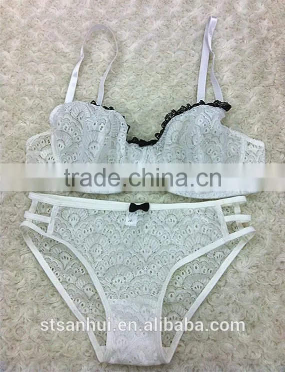New design young ladies white embroidered blue bow bra and panty set