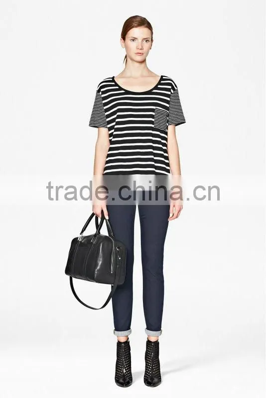 Scoop Neck Short Sleeve Striped T-Shirt with Patched Pocket