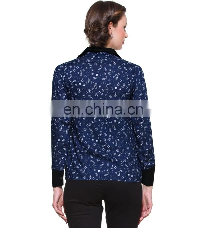 BLUE PRINTED SHIRT WITH CONTRAST COLLAR AND CUFF DESIGNER TOP LADIES NEW DESIGN FASHION TOP