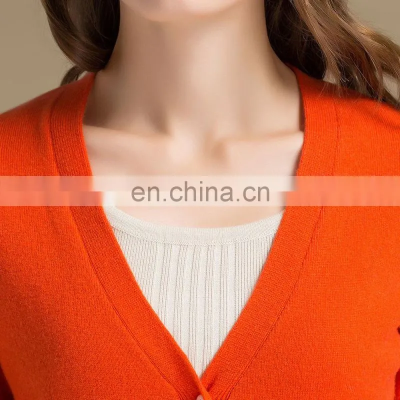 Custom Logo Women's Casual Knitted V-Neck Cashmere Cardigan Sweater with Buttons for Autumn Season with Simple Fashion Element