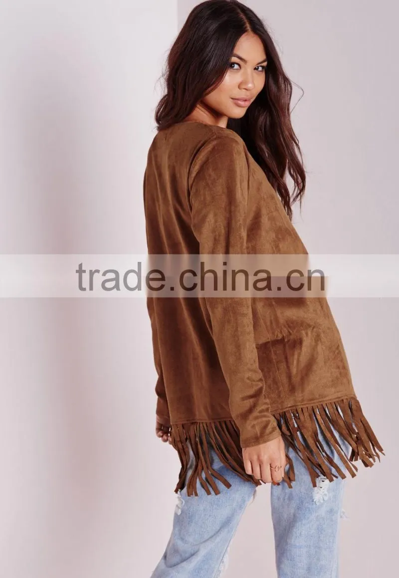 2015 Women Winter Long Sleeve Faux Suede Jacket with Fringe Hem