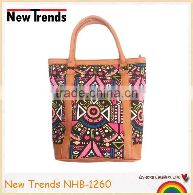 Canvas tribal printing rectangle shape handbag with the PU handle