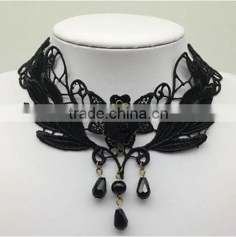 Handmade Flower Drop Pendant Black Lace Choker Necklace Goth Vintage