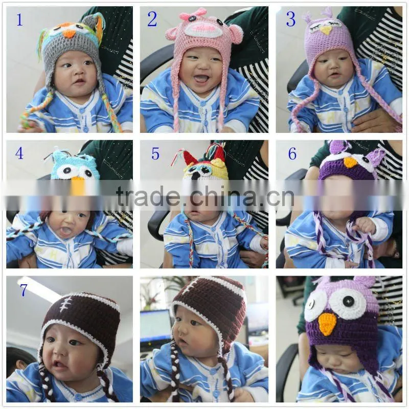 2016 Fashionable Wholesale crochet handmade Owl Hat, dinosaur colorful lovely knitted owl hat for baby
