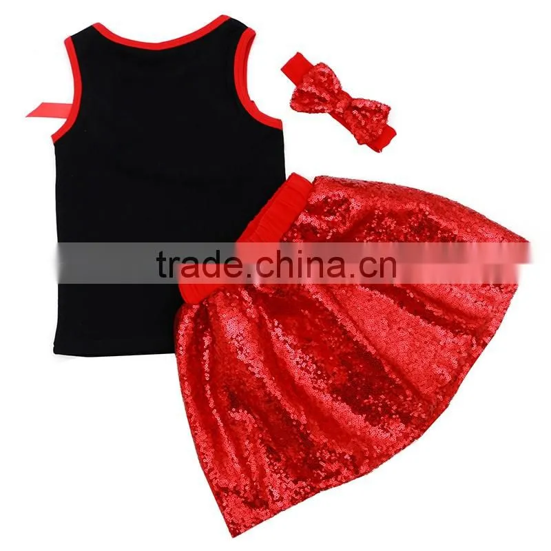 Wholesale black tank top and red sequin skirt with matching headband baseball girl sport wear