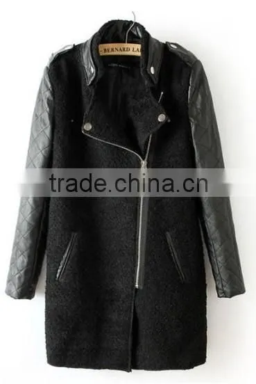 Black Contrast Leather Quilted Sleeve wool Zipper Coat